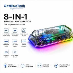 8-in-1 RGB Docking Station – 4K 120Hz HDMI, 100W USB-C PD, Gigabit Ethernet, USB 3.0 Hub – Steam Deck / ROG Ally / Legion Go / MSI Claw Uyumlu
