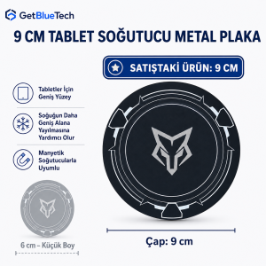 GetBlueTech 9 cm Tablet Soğutucu Isı İletken Metal Plaka – Manyetik ve Yapışkanlı